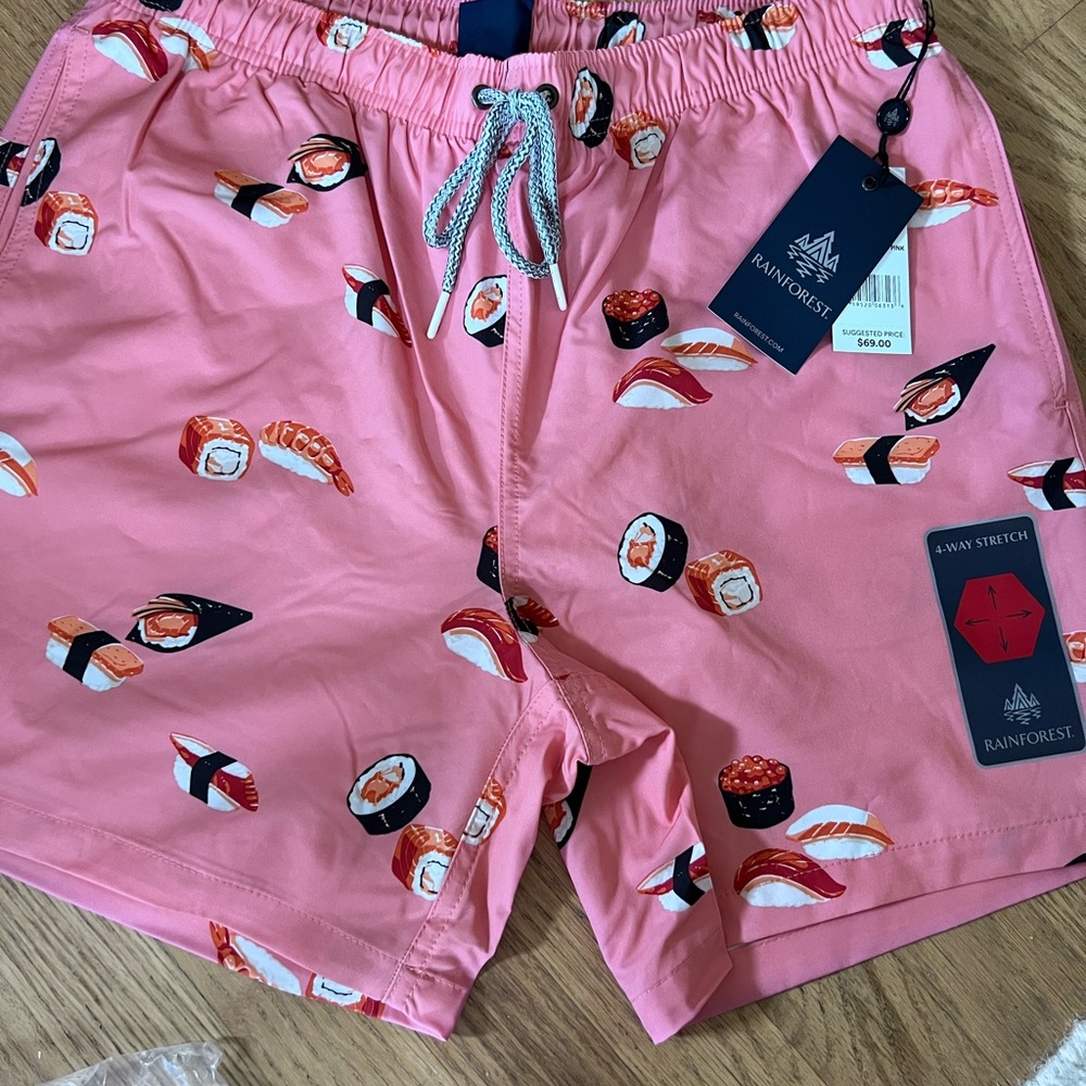 $69 New with Tags Men's Size Medium RAINFOREST Pink Sushi Pattern Swim Trunks ❤️